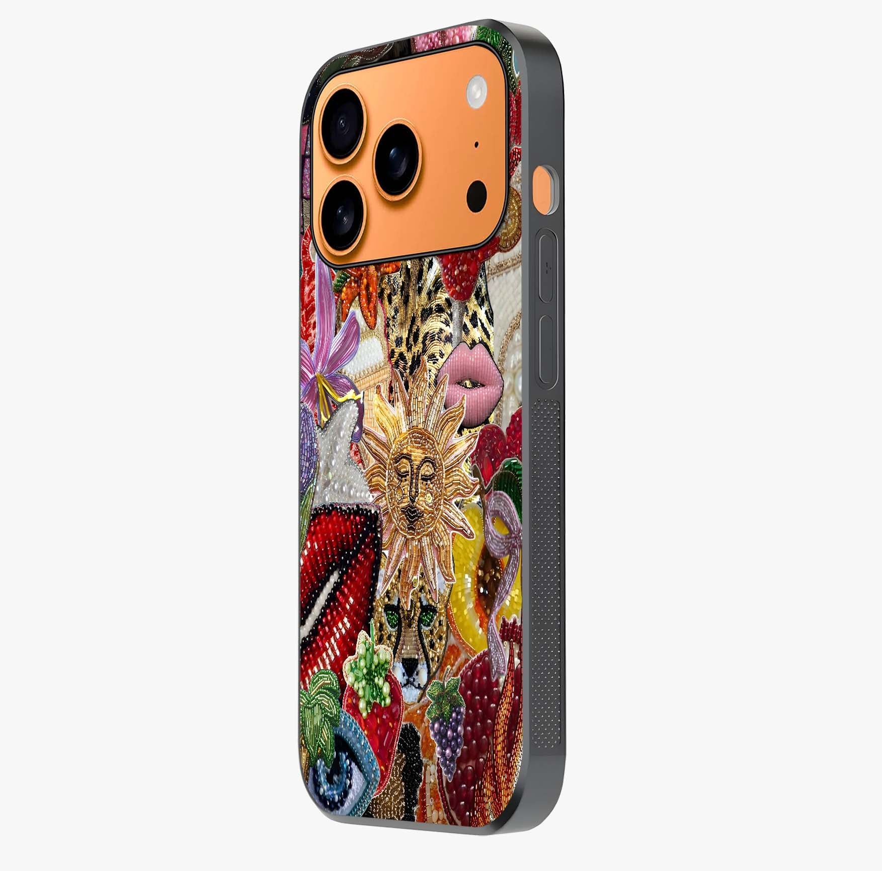 Beaded Fashion Jungle Glass Case photographed in natural light showing reflective finish and design depth.