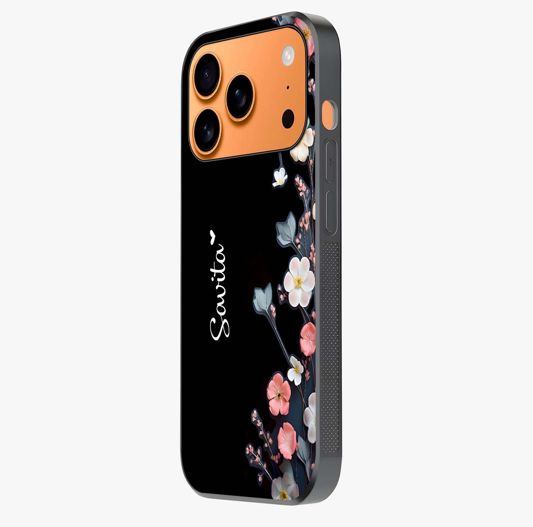 Black Elegance Floral Custom Name Glass Case photographed in natural light showing reflective finish and design depth.