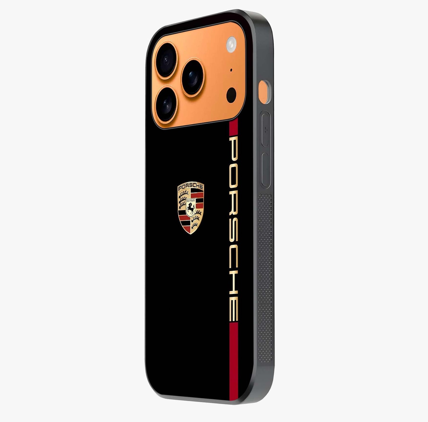 Black Minimal Porsche Glass Case photographed in natural light showing reflective finish and design depth.