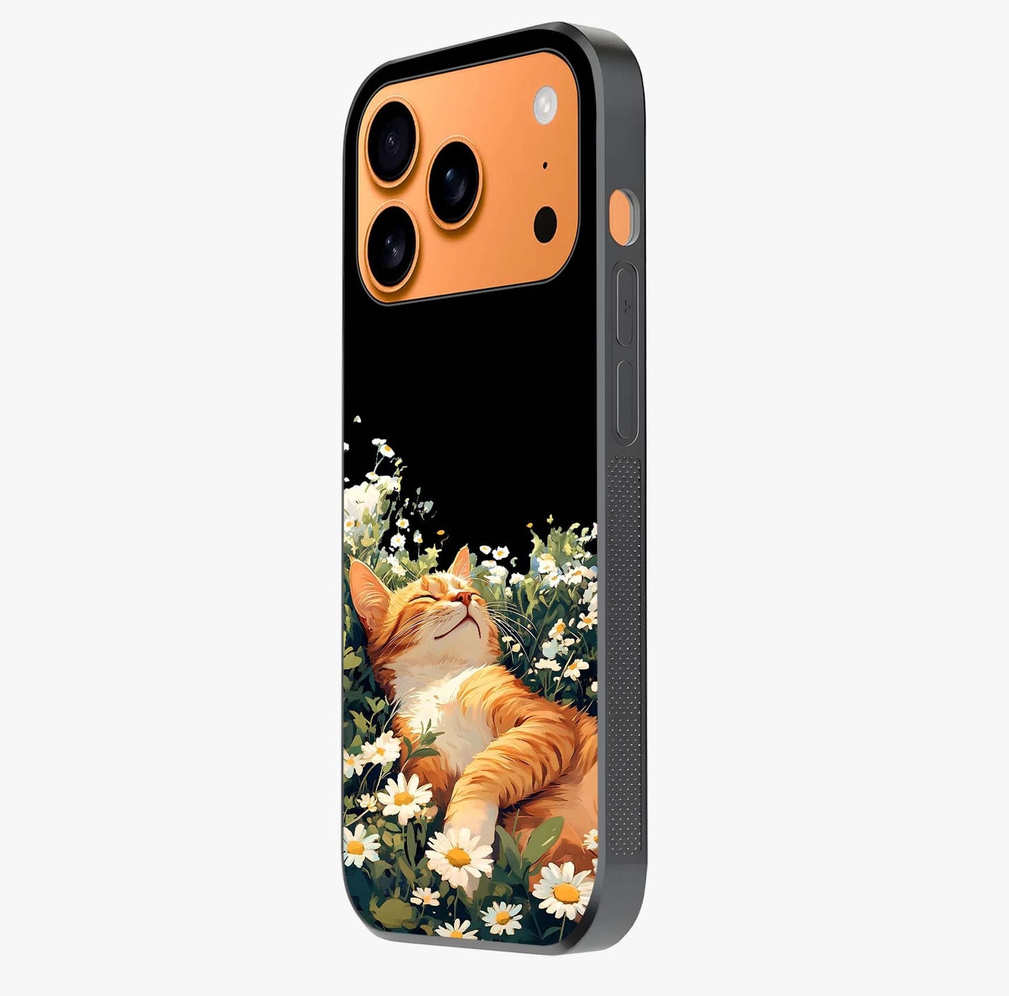 Blissful Bloom Cat Glass Case photographed in natural light showing reflective finish and design depth.