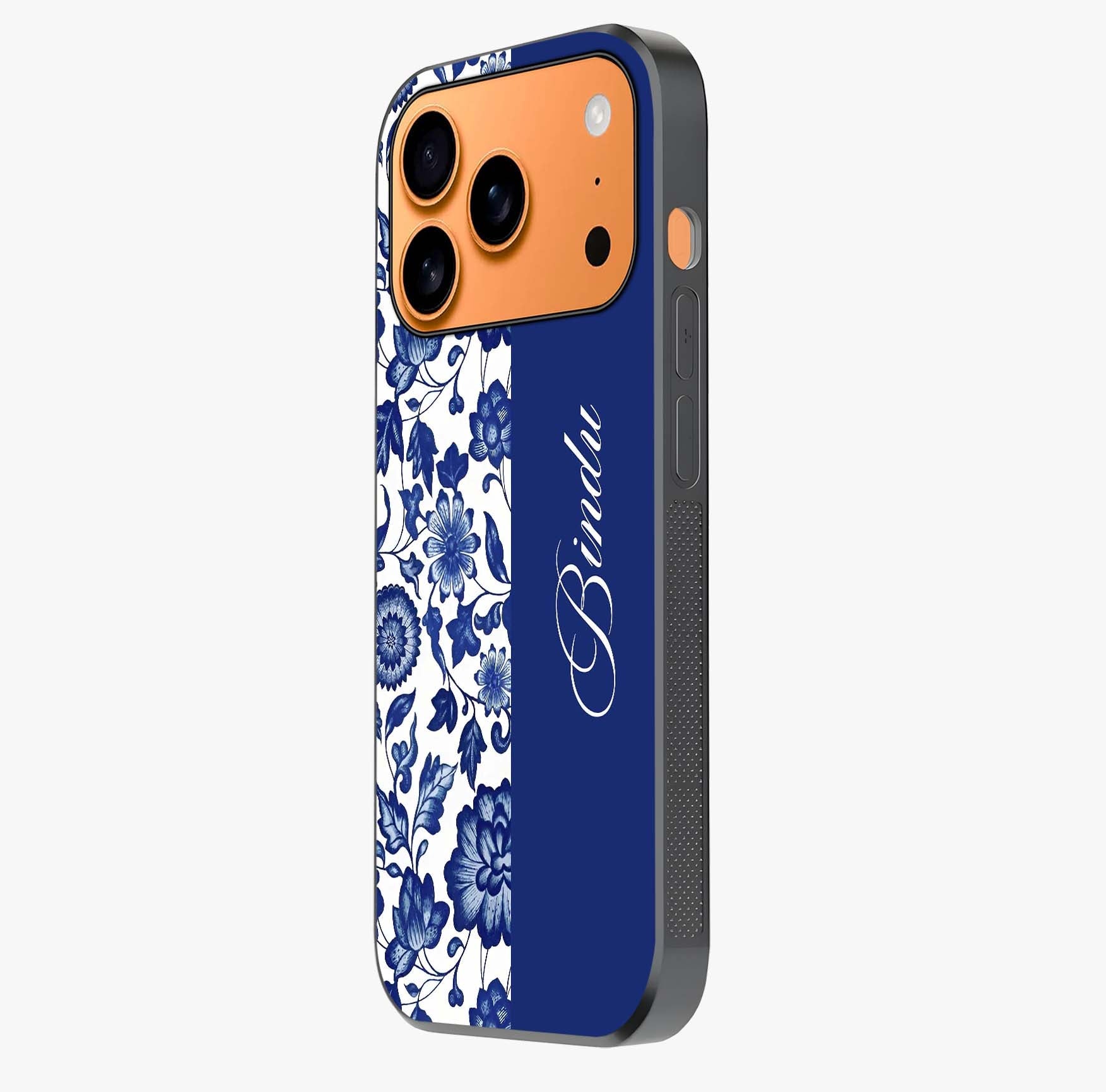 Blue Vintage Floral Pattern Glass Case photographed in natural light showing reflective finish and design depth.