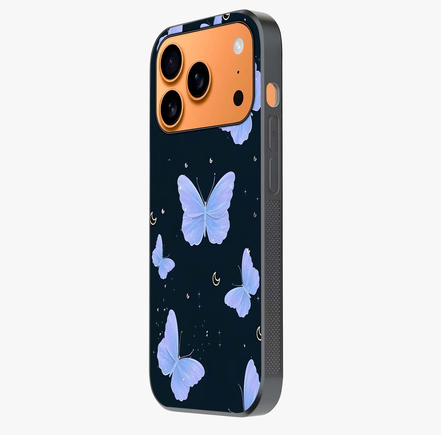 Butterfly With Stars Pattern Glass Case photographed in natural light showing reflective finish and design depth.