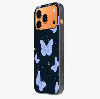 Butterfly With Stars Pattern Glass Case photographed in natural light showing reflective finish and design depth.