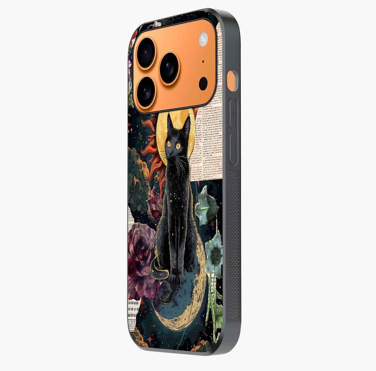 Celestial Black Cat Glass Case photographed in natural light showing reflective finish and design depth.