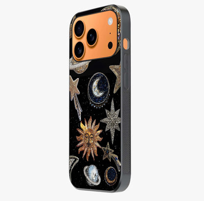 Celestial Gem Constellations Glass Case photographed in natural light showing reflective finish and design depth.