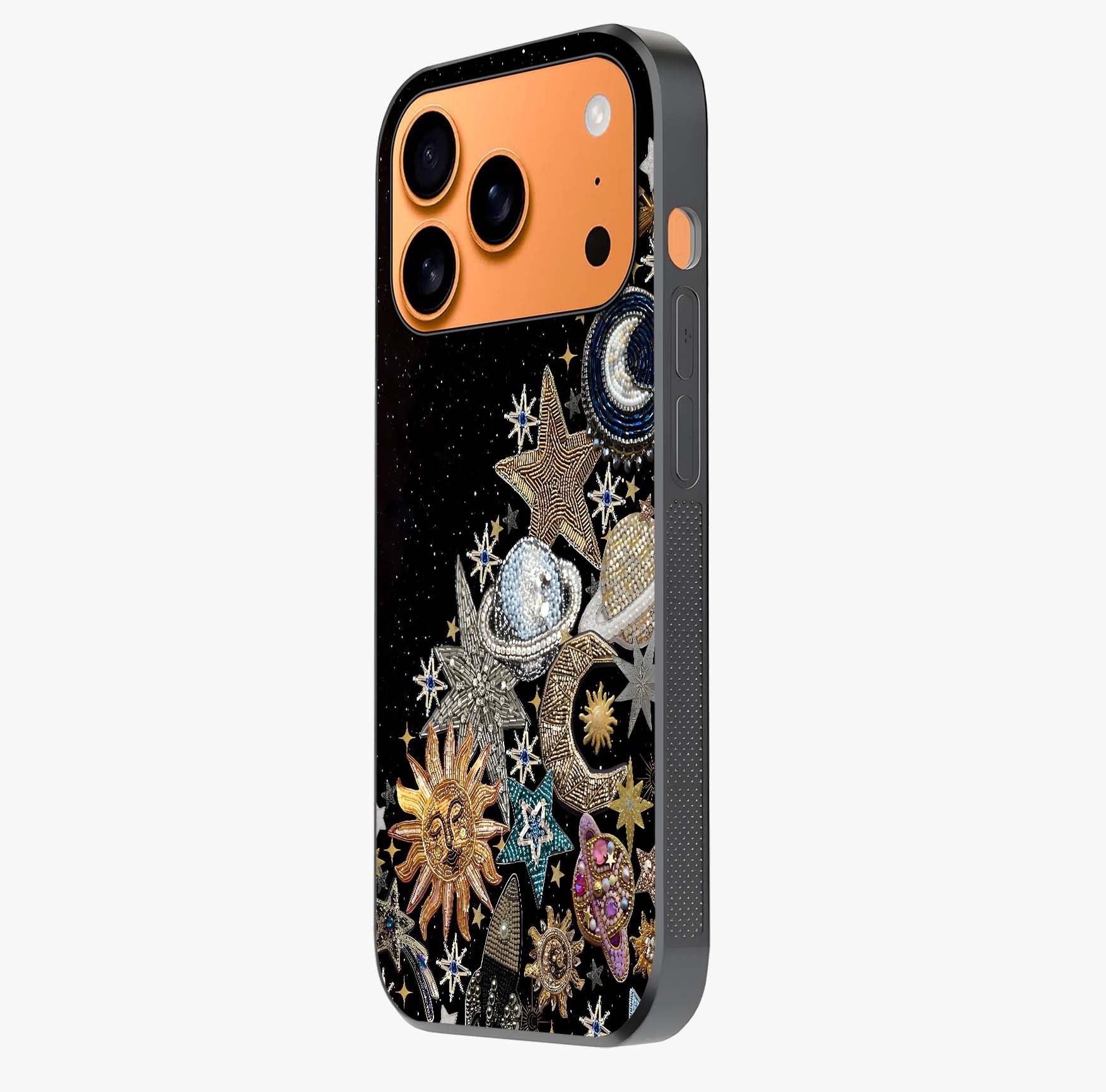 Cosmic Sparkle Dreams Glass Case photographed in natural light showing reflective finish and design depth.