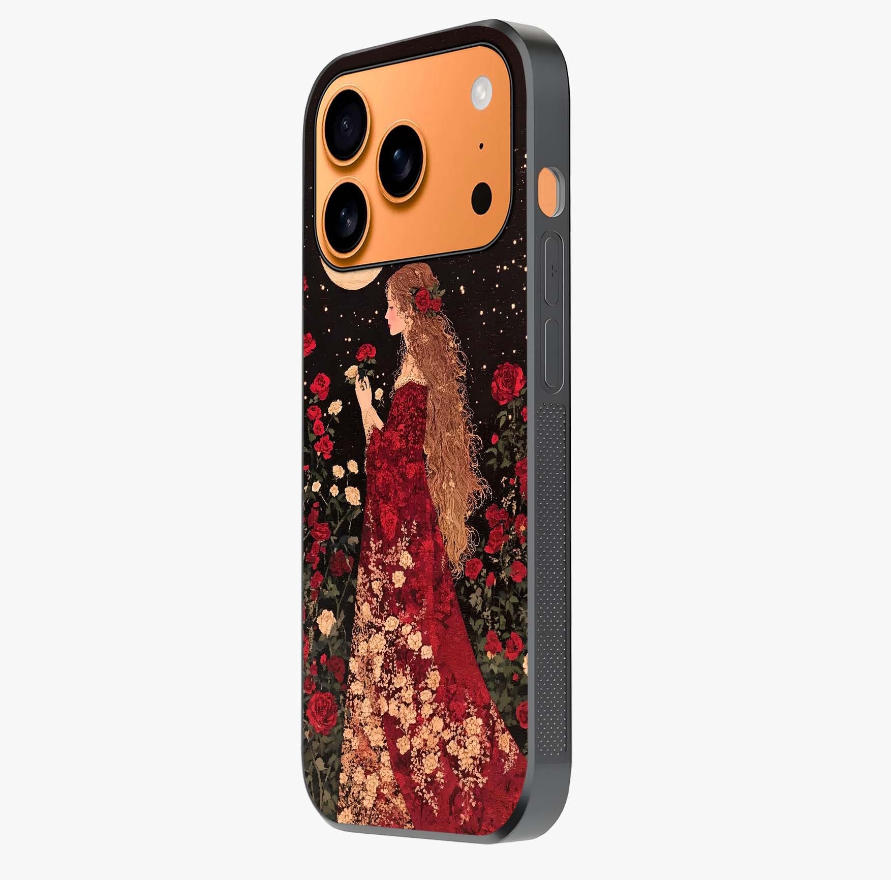 Crimson Dreams Glass Case photographed in natural light showing reflective finish and design depth.