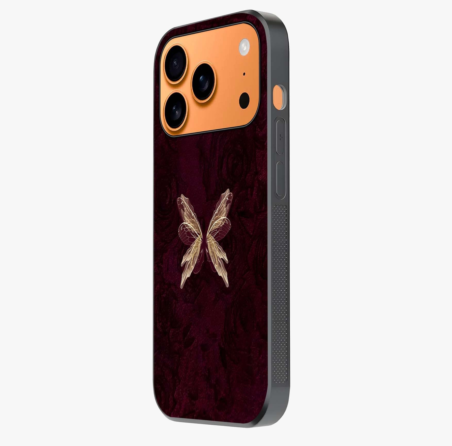 Crimson Fade Butterfly Glass Case photographed in natural light showing reflective finish and design depth.