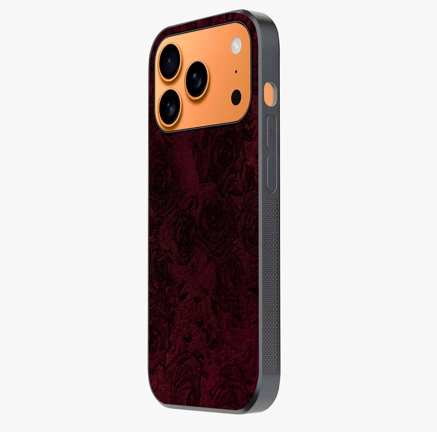 Crimson Fade Flow Glass Case photographed in natural light showing reflective finish and design depth.