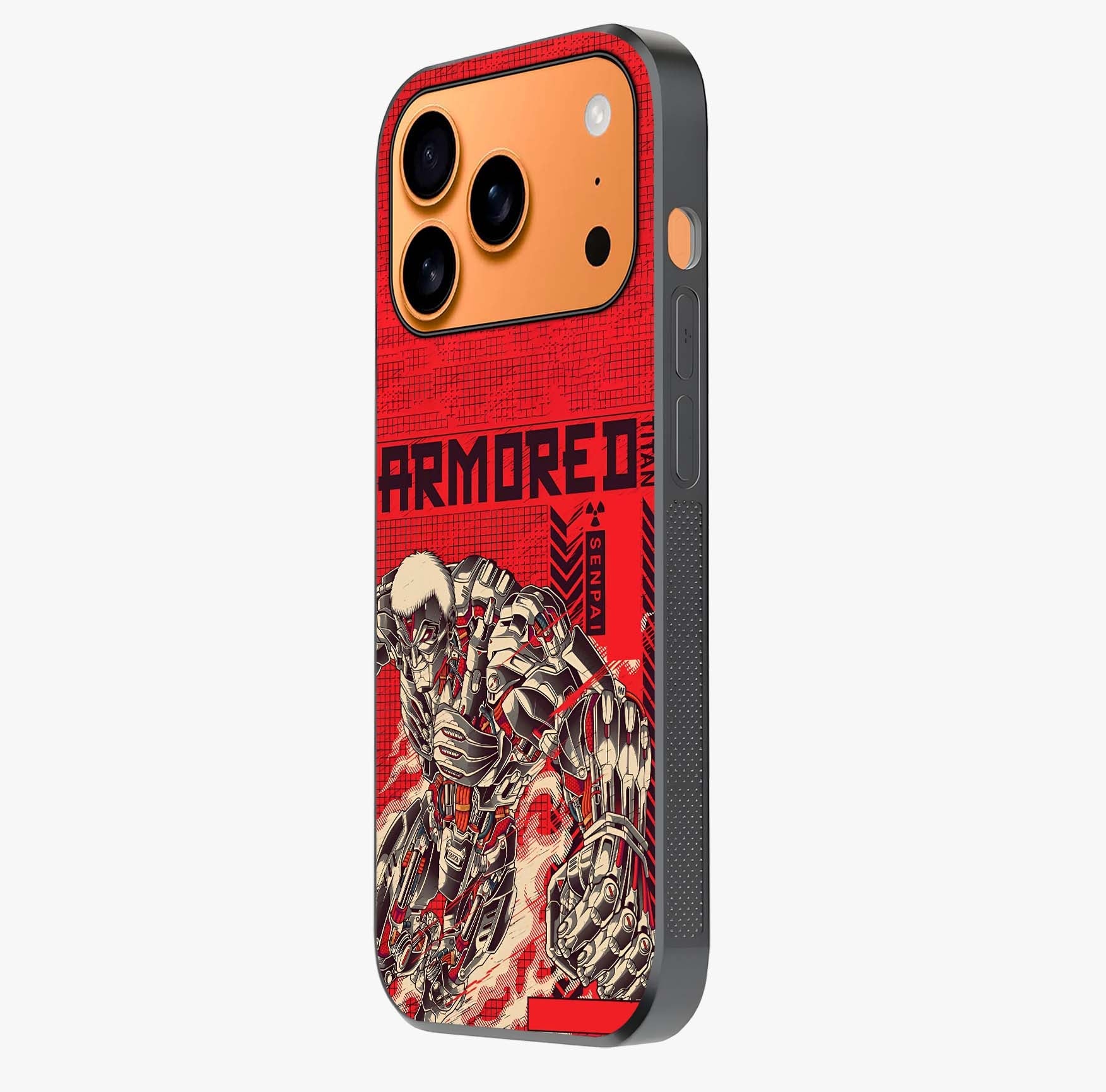 Crimson Mecha Titan Glass Case photographed in natural light showing reflective finish and design depth.