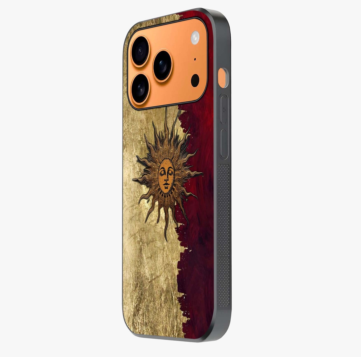 Crimson Sun Majesty Glass Case photographed in natural light showing reflective finish and design depth.