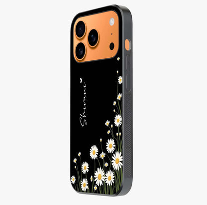 Daisy Cascade Custom Name Glass Case photographed in natural light showing reflective finish and design depth.
