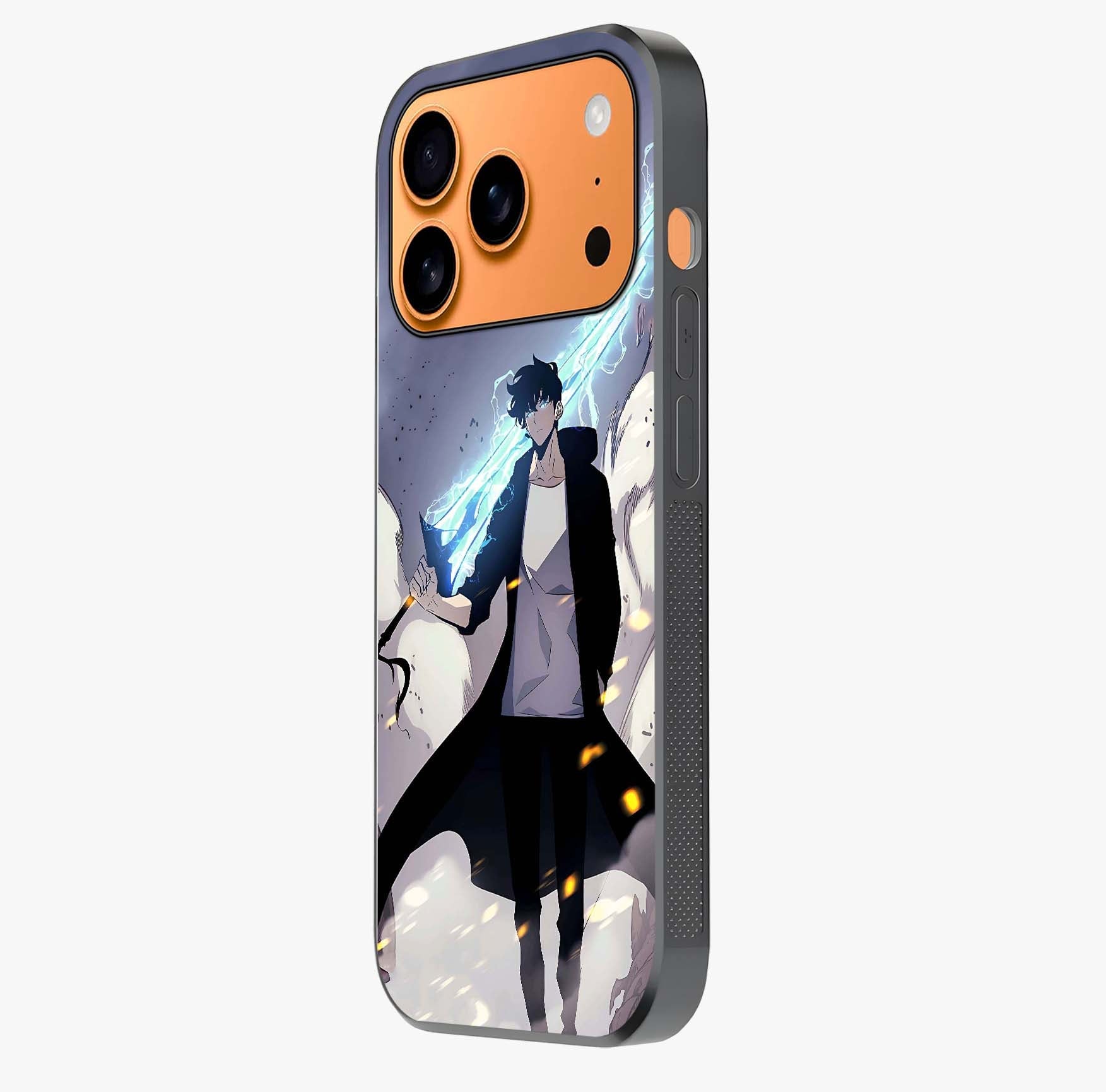 Dark Lightning Anime Warrior Glass Case photographed in natural light showing reflective finish and design depth.