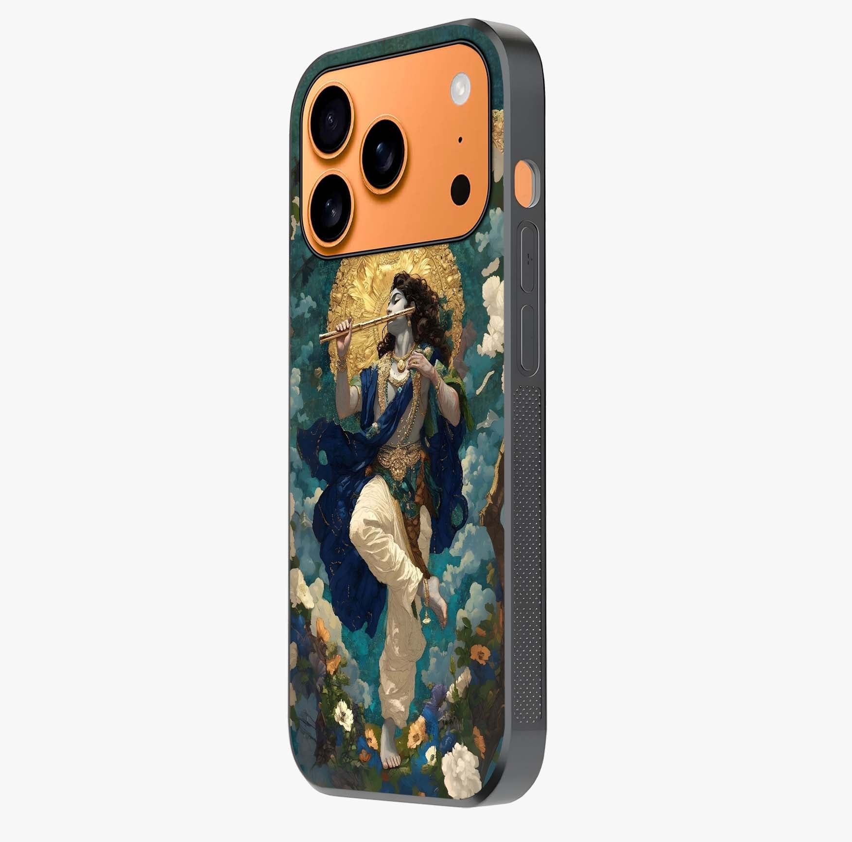 Divine Krishna Art Glass Case photographed in natural light showing reflective finish and design depth.