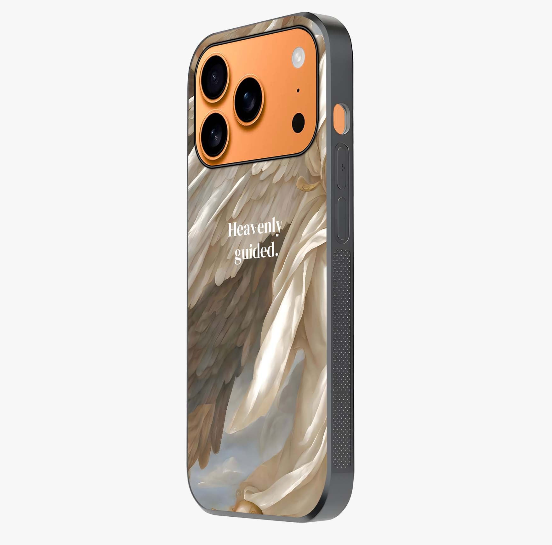 Divine Winged Grace Glass Case photographed in natural light showing reflective finish and design depth.
