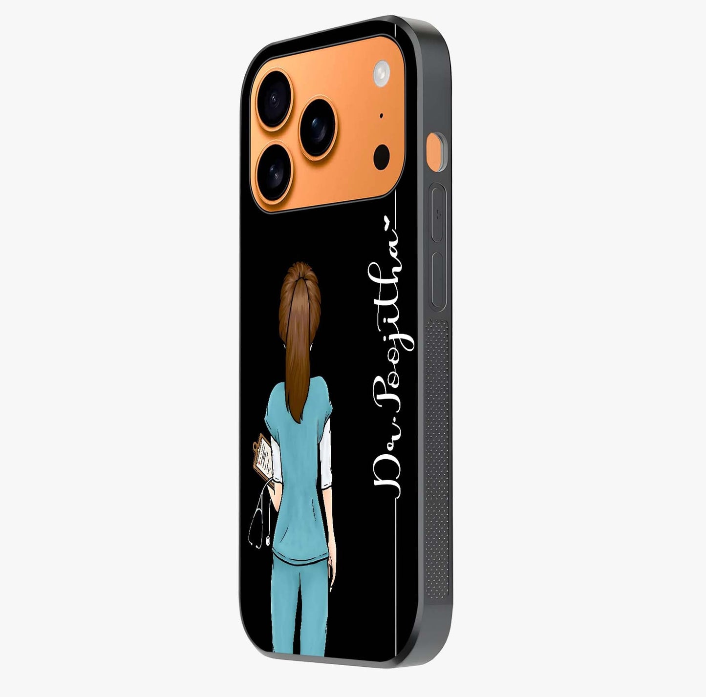 Doctor Pattern Custom Name Glass Case photographed in natural light showing reflective finish and design depth.