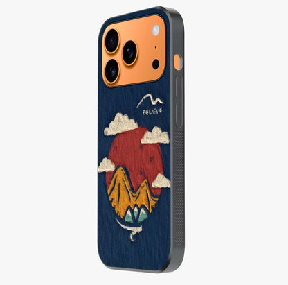 Dream Beyond Mountains Glass Case photographed in natural light showing reflective finish and design depth.