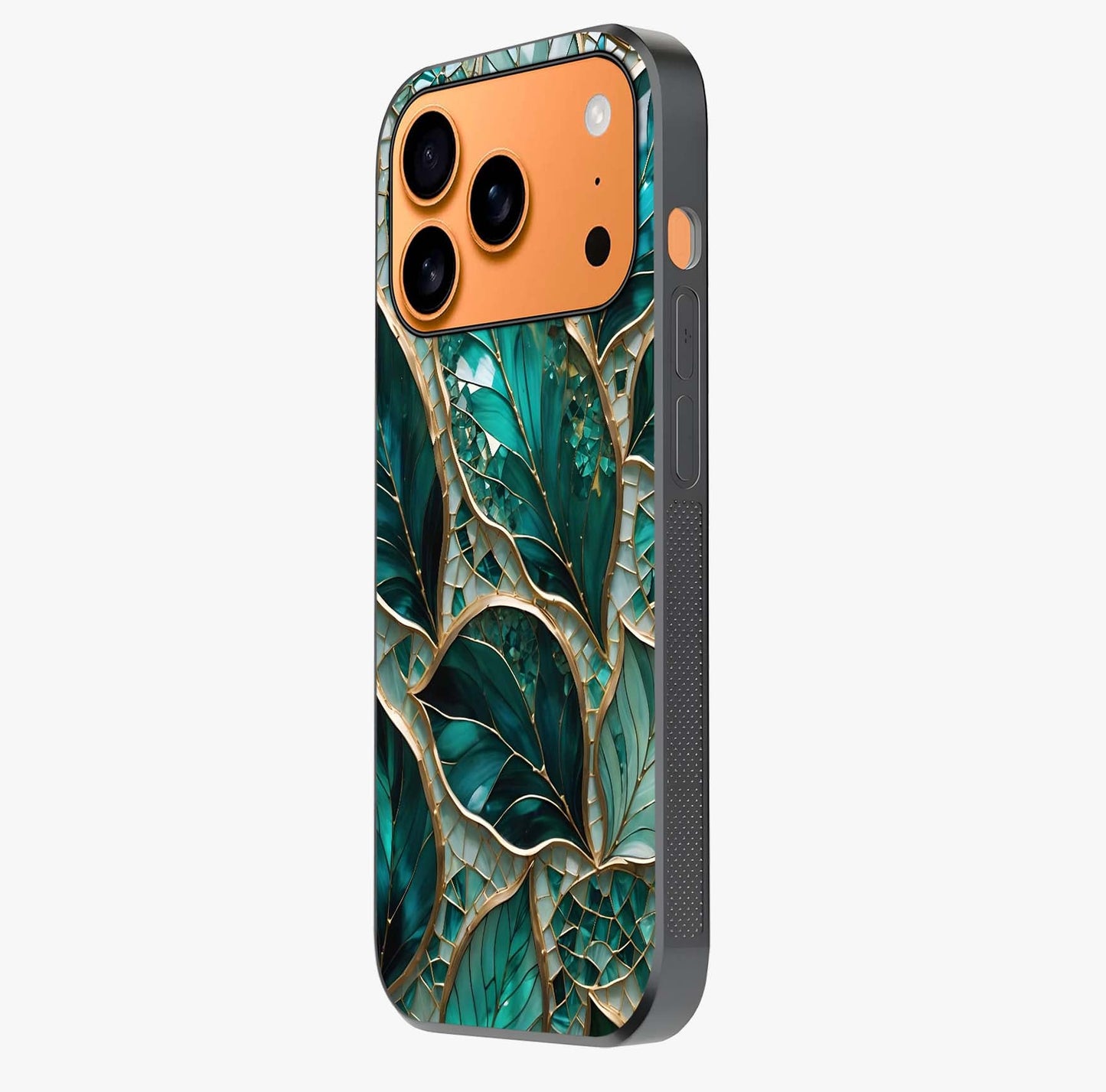 Emerald Leaf Glass Glass Case photographed in natural light showing reflective finish and design depth.