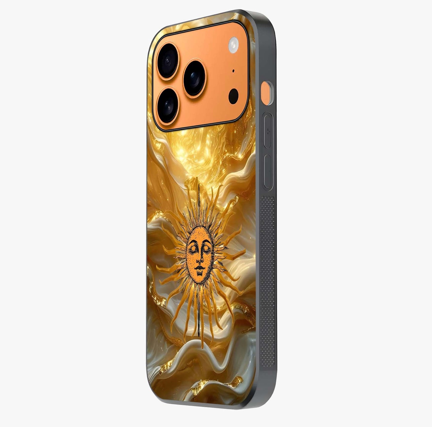 Eternal Golden Glow Glass Case photographed in natural light showing reflective finish and design depth.