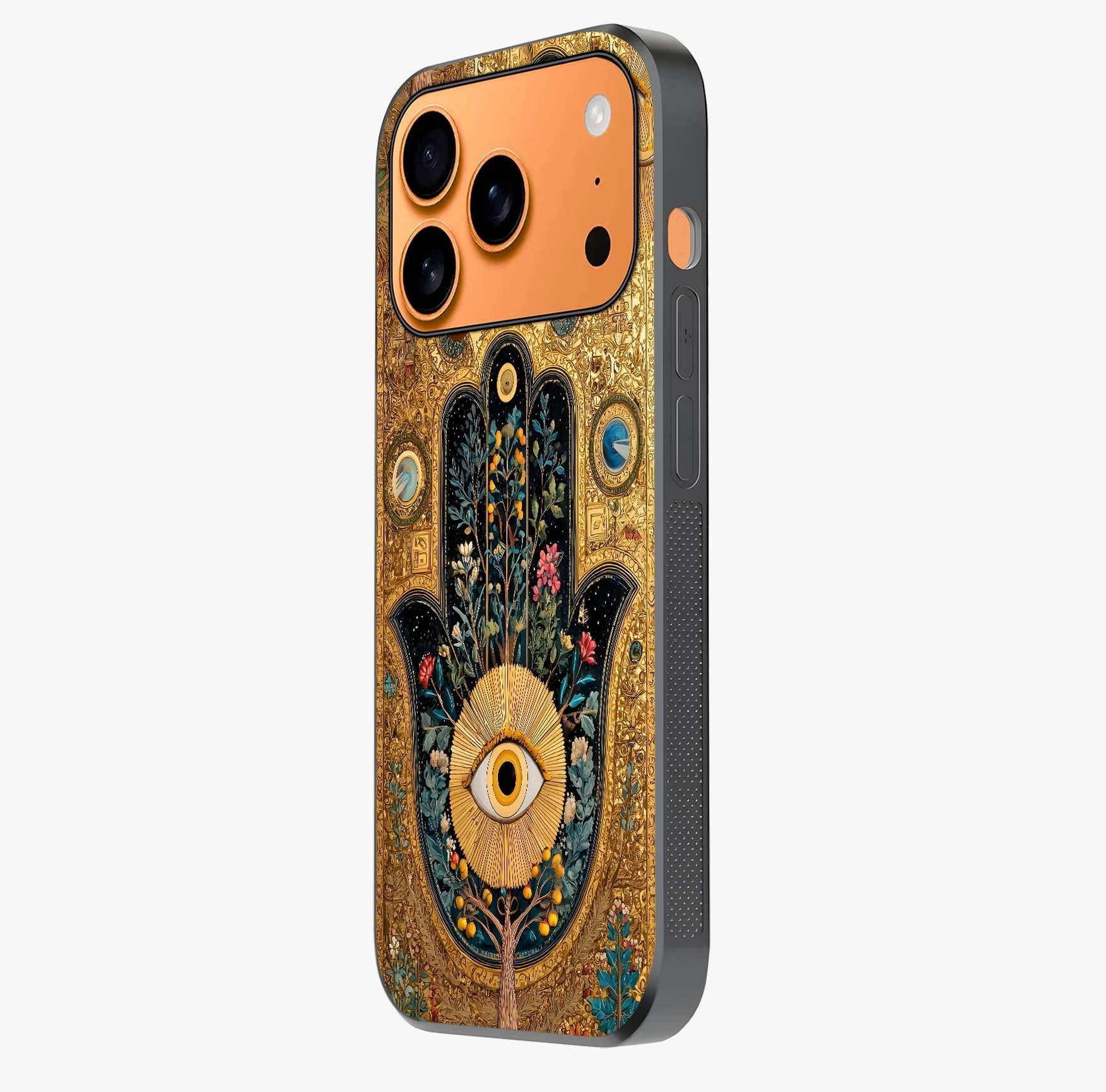 Ethereal Evil Eye Glass Case photographed in natural light showing reflective finish and design depth.