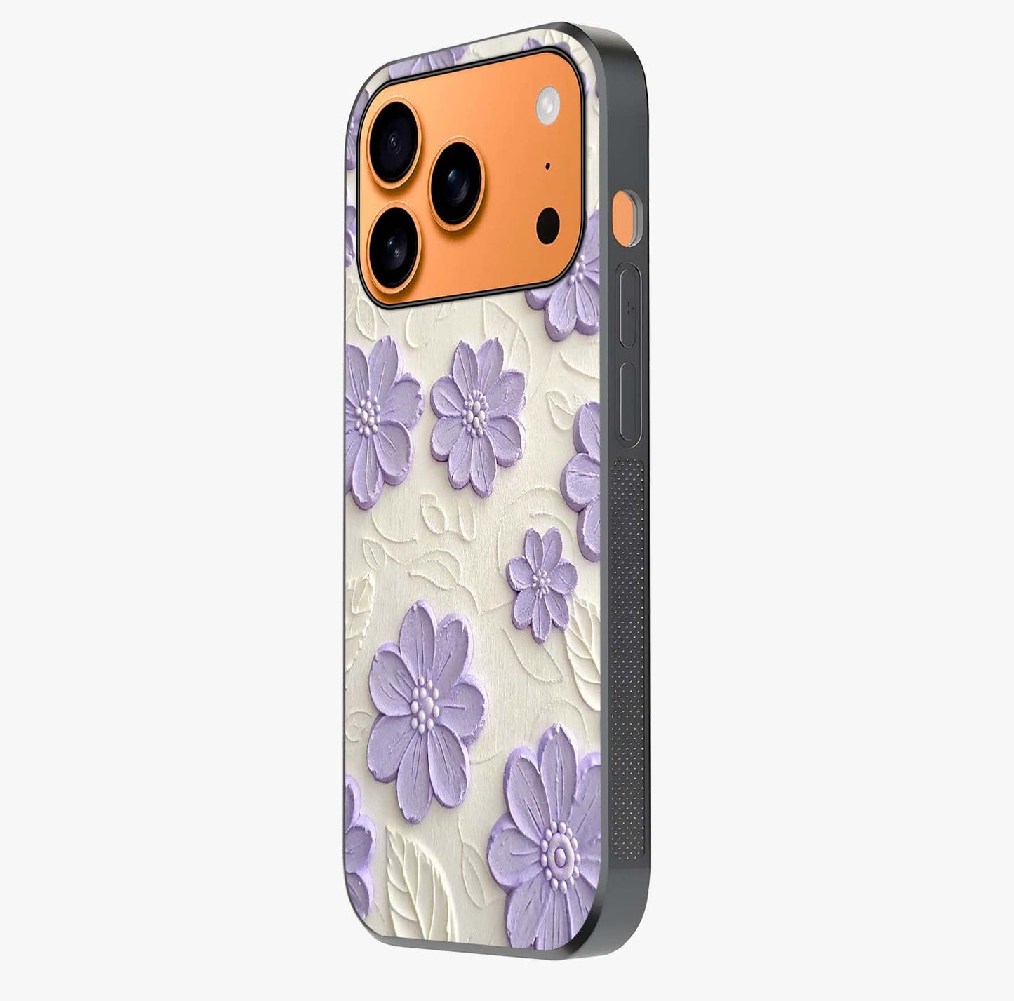 Floral Wall Art With Purple Flowers Glass Case photographed in natural light showing reflective finish and design depth.