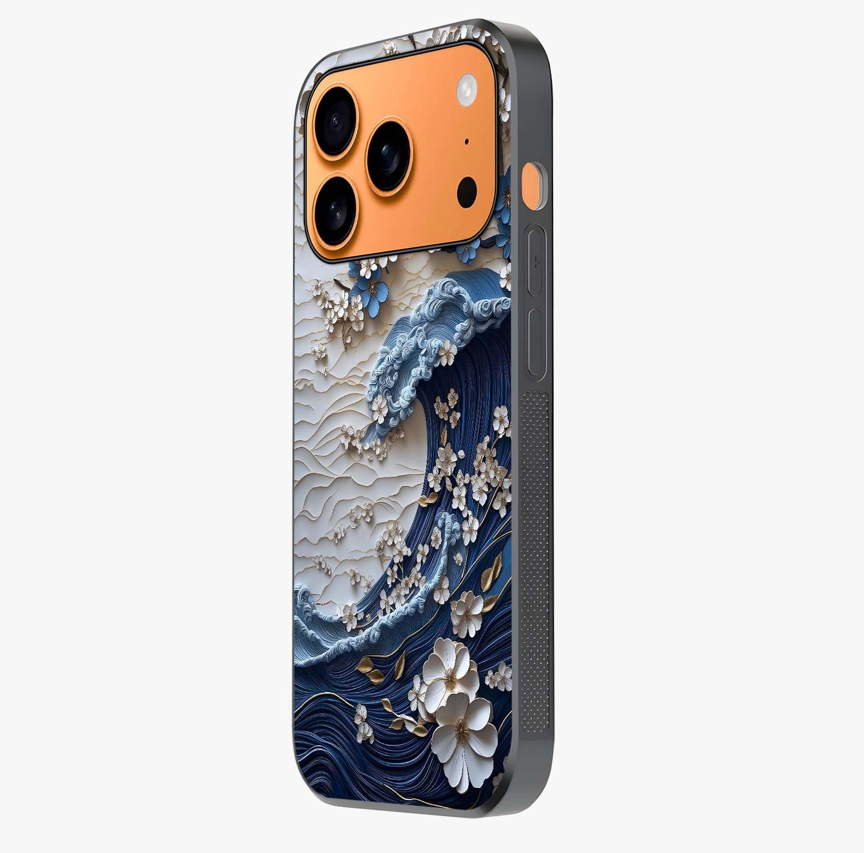 Floral Wave Origami Glass Case photographed in natural light showing reflective finish and design depth.