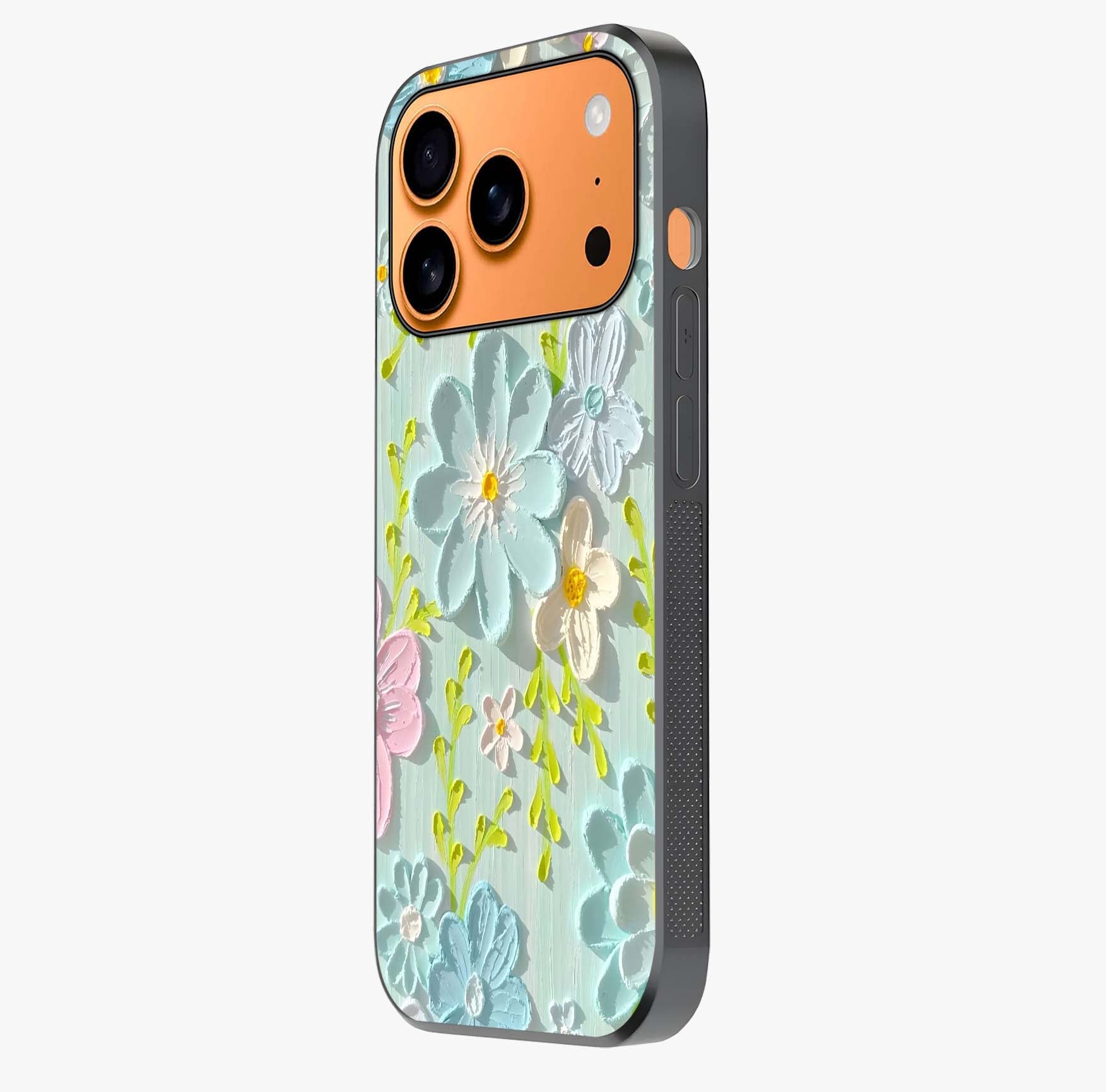 Frosted Petal Garden Glass Case photographed in natural light showing reflective finish and design depth.