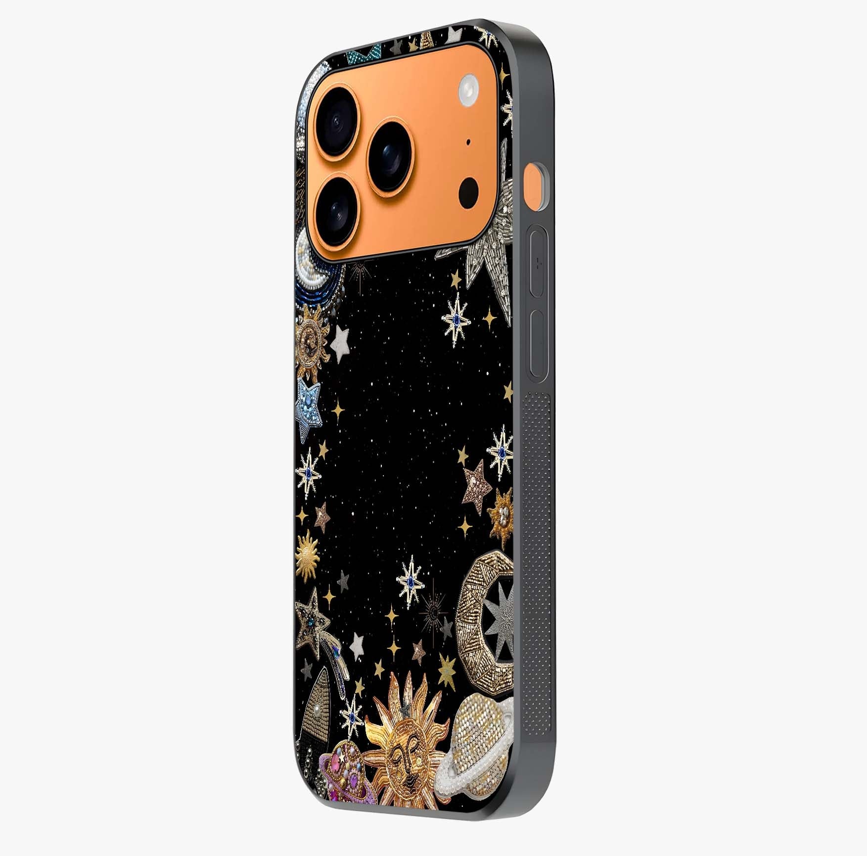 Galactic Jewel Stars Glass Case photographed in natural light showing reflective finish and design depth.