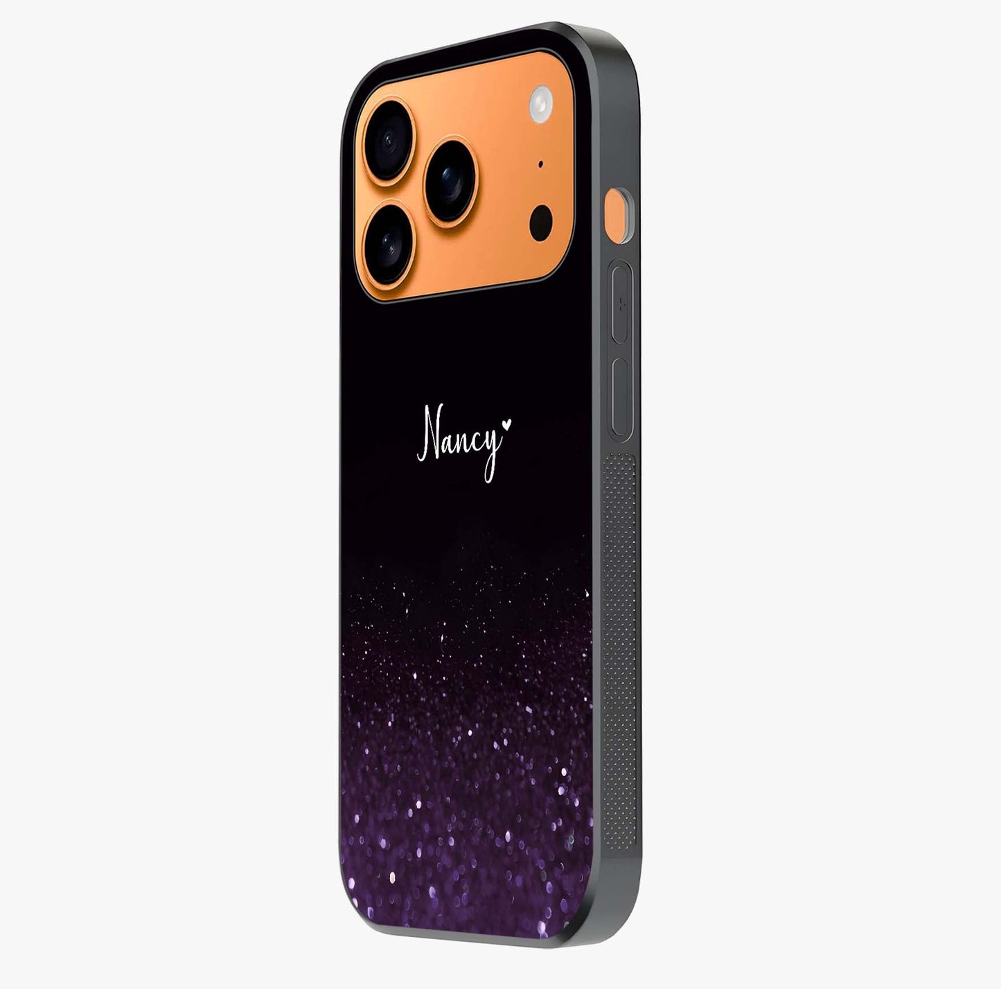 Glittery Purple Bokeh Custom Name Glass Case photographed in natural light showing reflective finish and design depth.