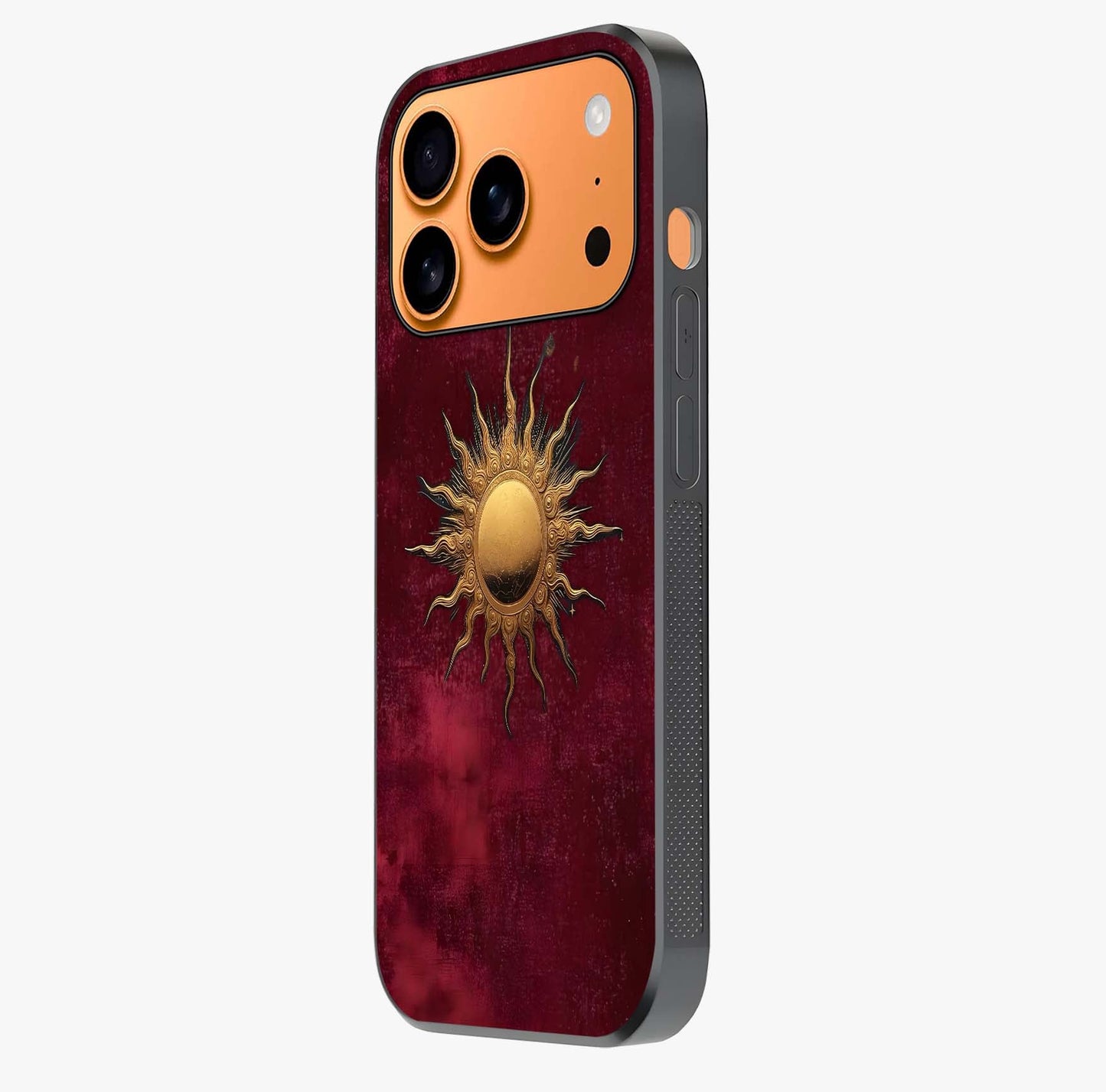 Gold Sun Blush Glass Case photographed in natural light showing reflective finish and design depth.
