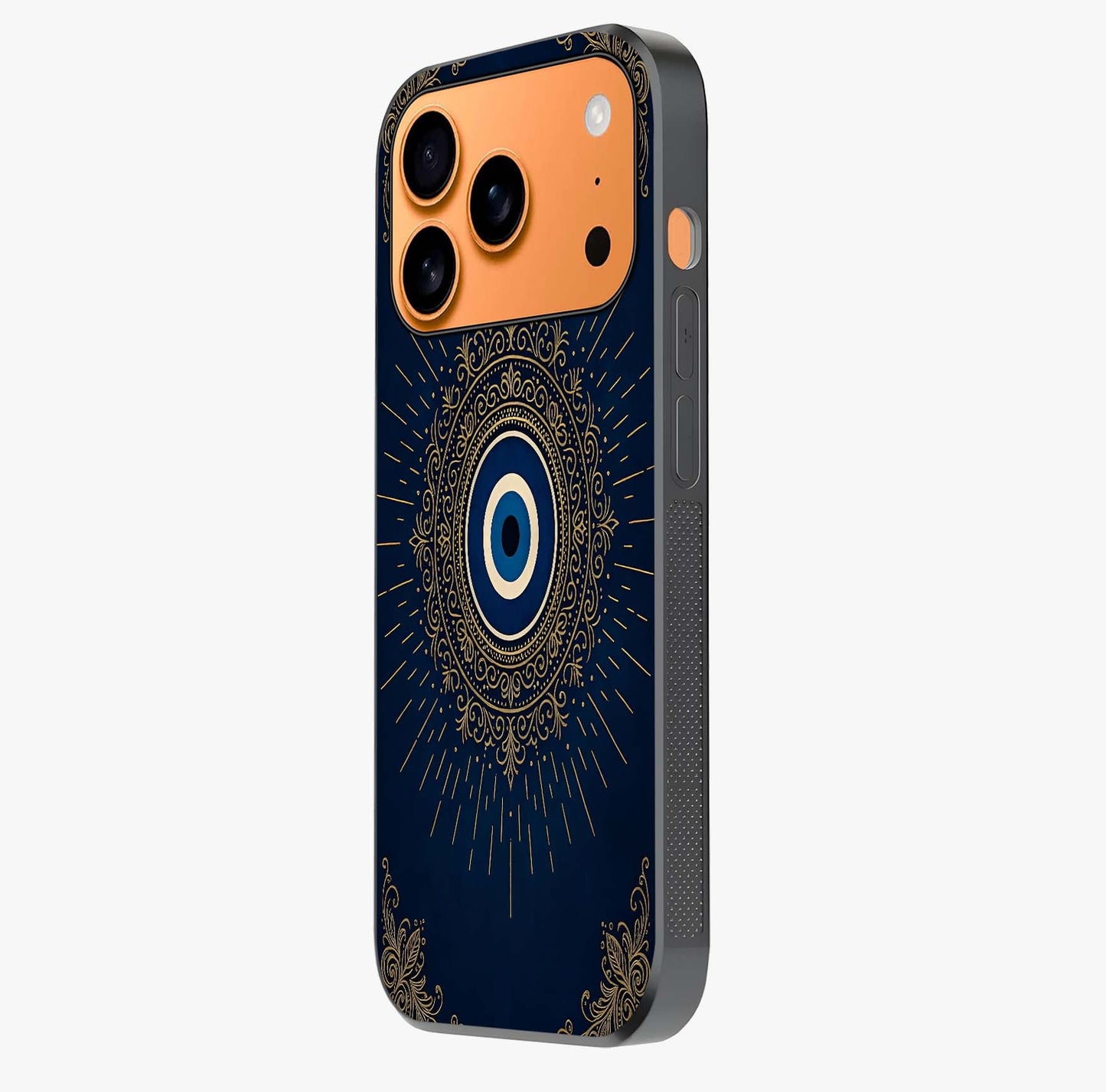 Golden Evil Eye Mandala Glass Case photographed in natural light showing reflective finish and design depth.