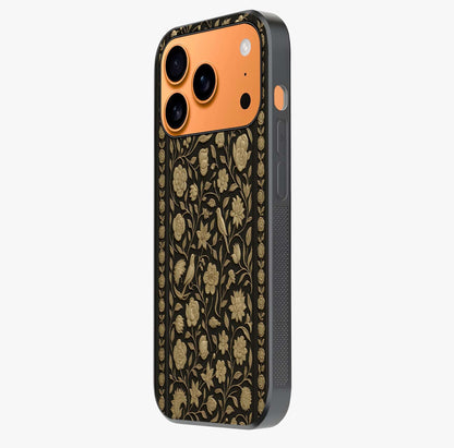 Golden Floral Majesty Glass Case photographed in natural light showing reflective finish and design depth.