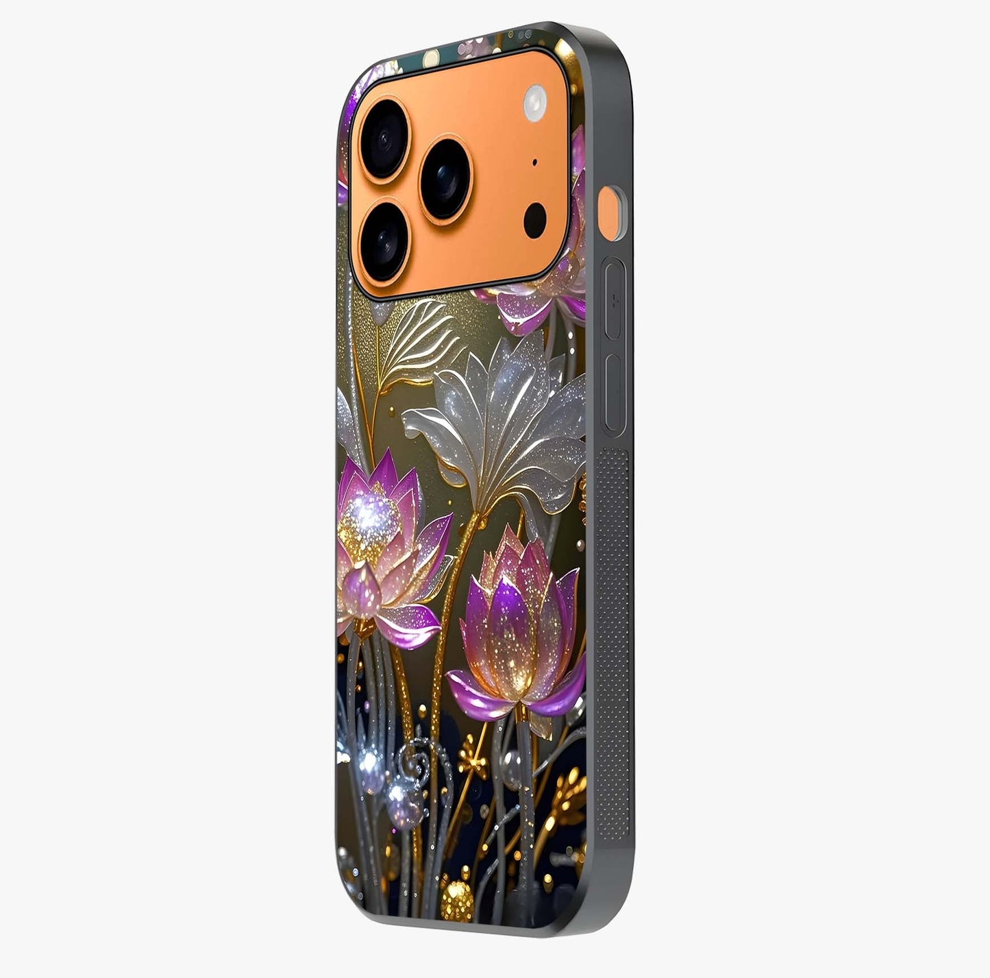Golden Lotus Glow Glass Case photographed in natural light showing reflective finish and design depth.
