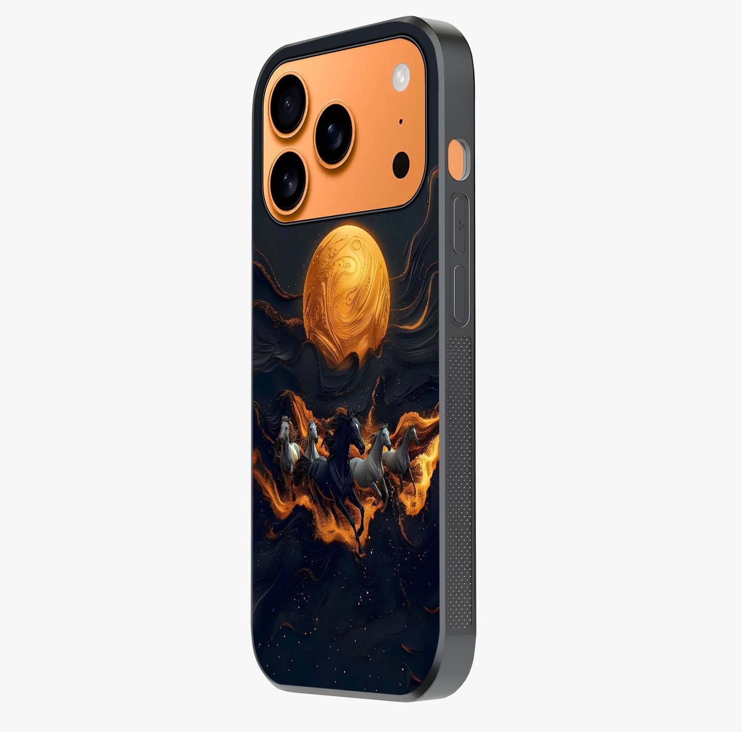 Golden Stallion Moonride Glass Case photographed in natural light showing reflective finish and design depth.