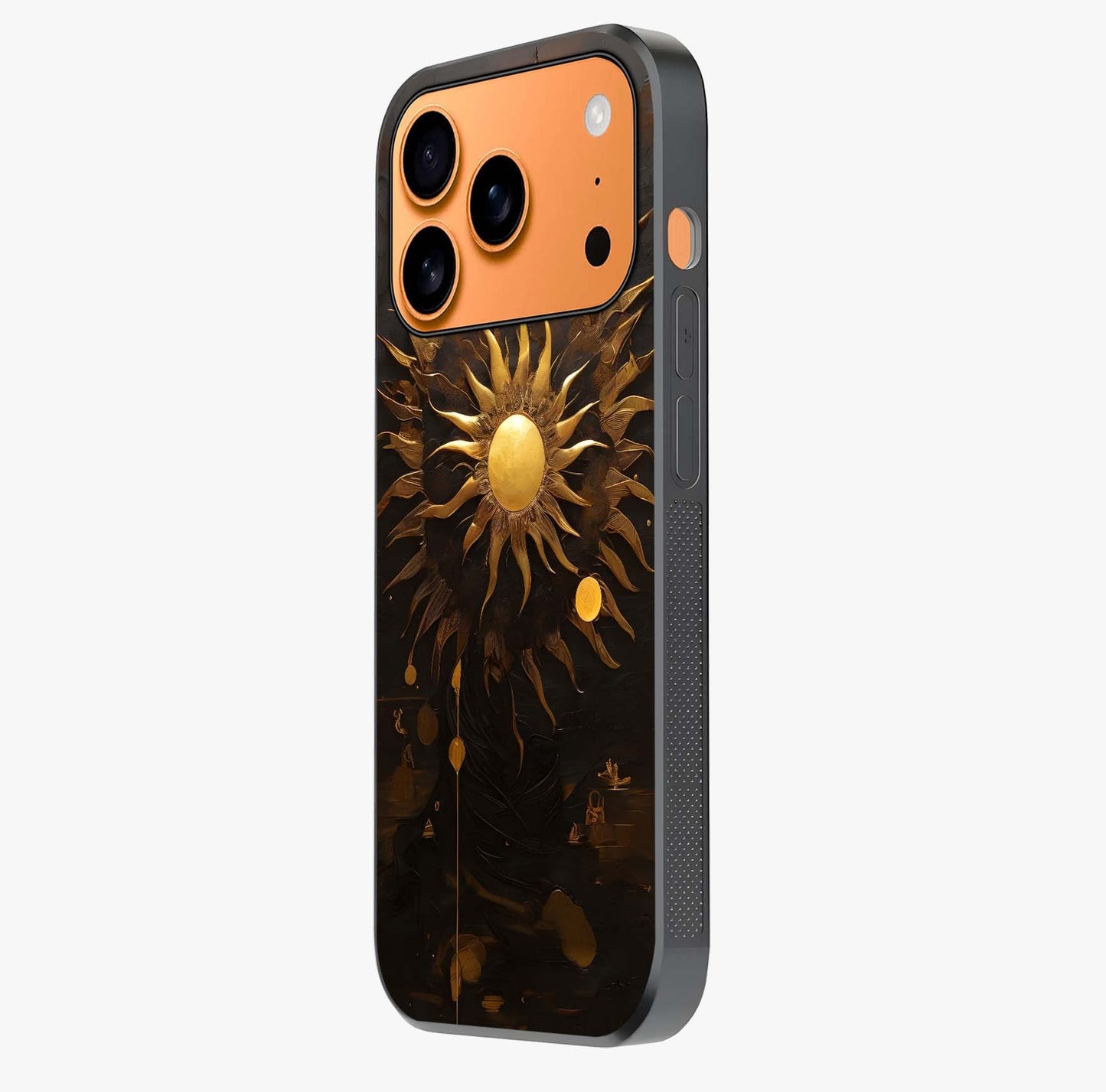Golden Sun Majesty Glass Case photographed in natural light showing reflective finish and design depth.
