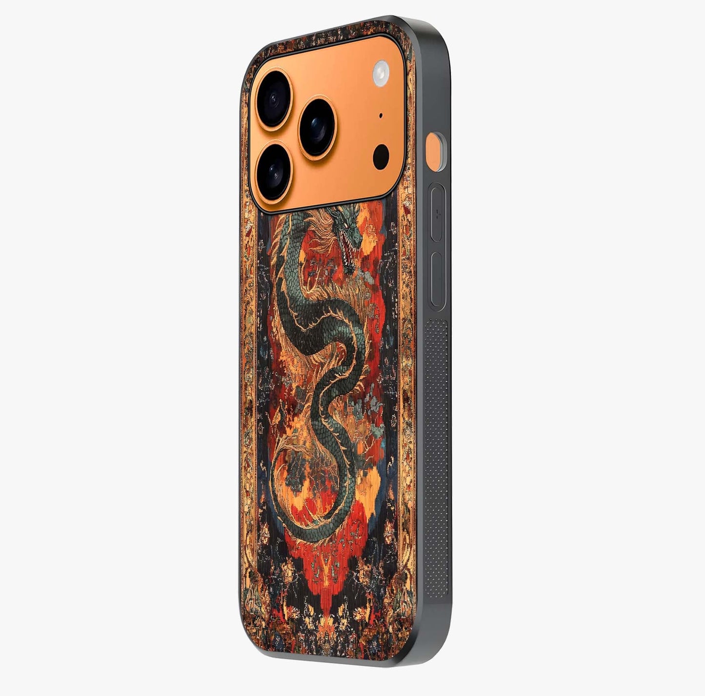Inferno Dragon Soul Glass Case photographed in natural light showing reflective finish and design depth.