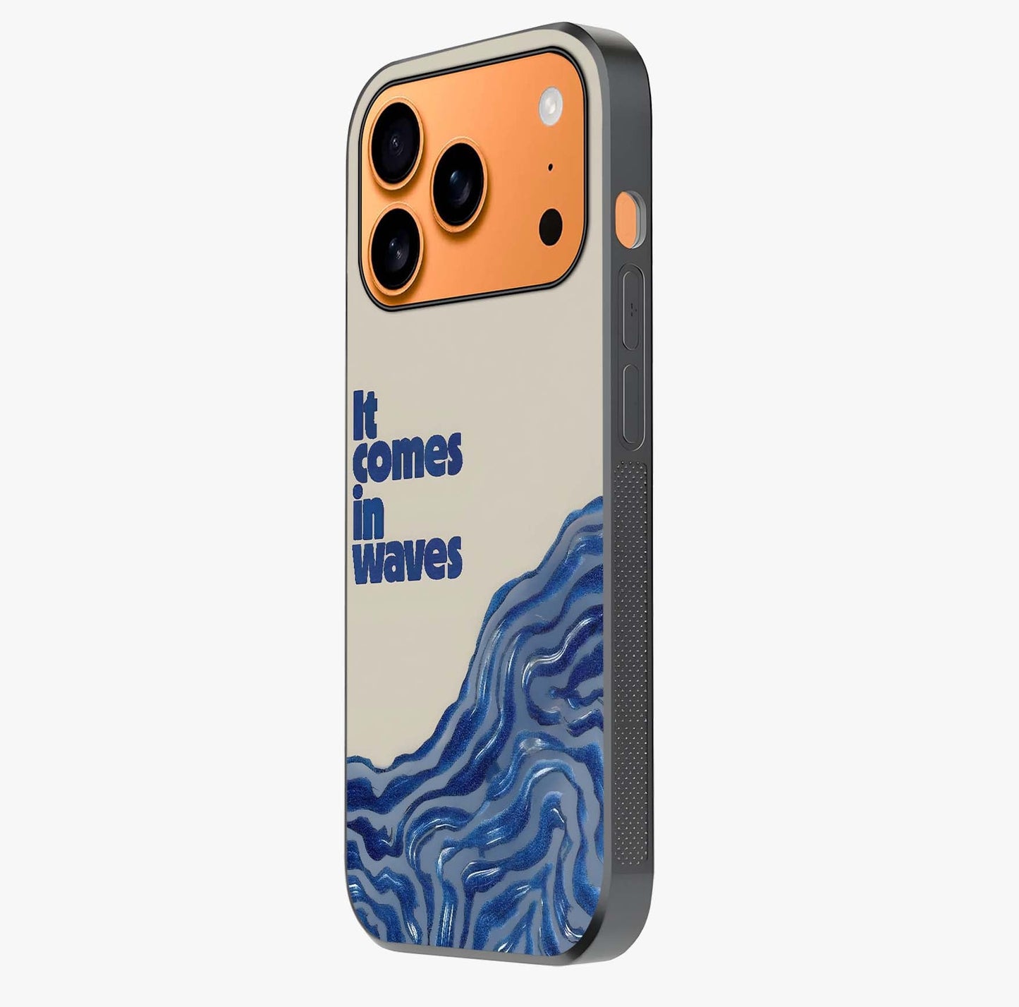 It Comes In Waves Quote Glass Case photographed in natural light showing reflective finish and design depth.