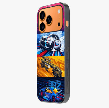 Jdm Sports Car Glass Case photographed in natural light showing reflective finish and design depth.