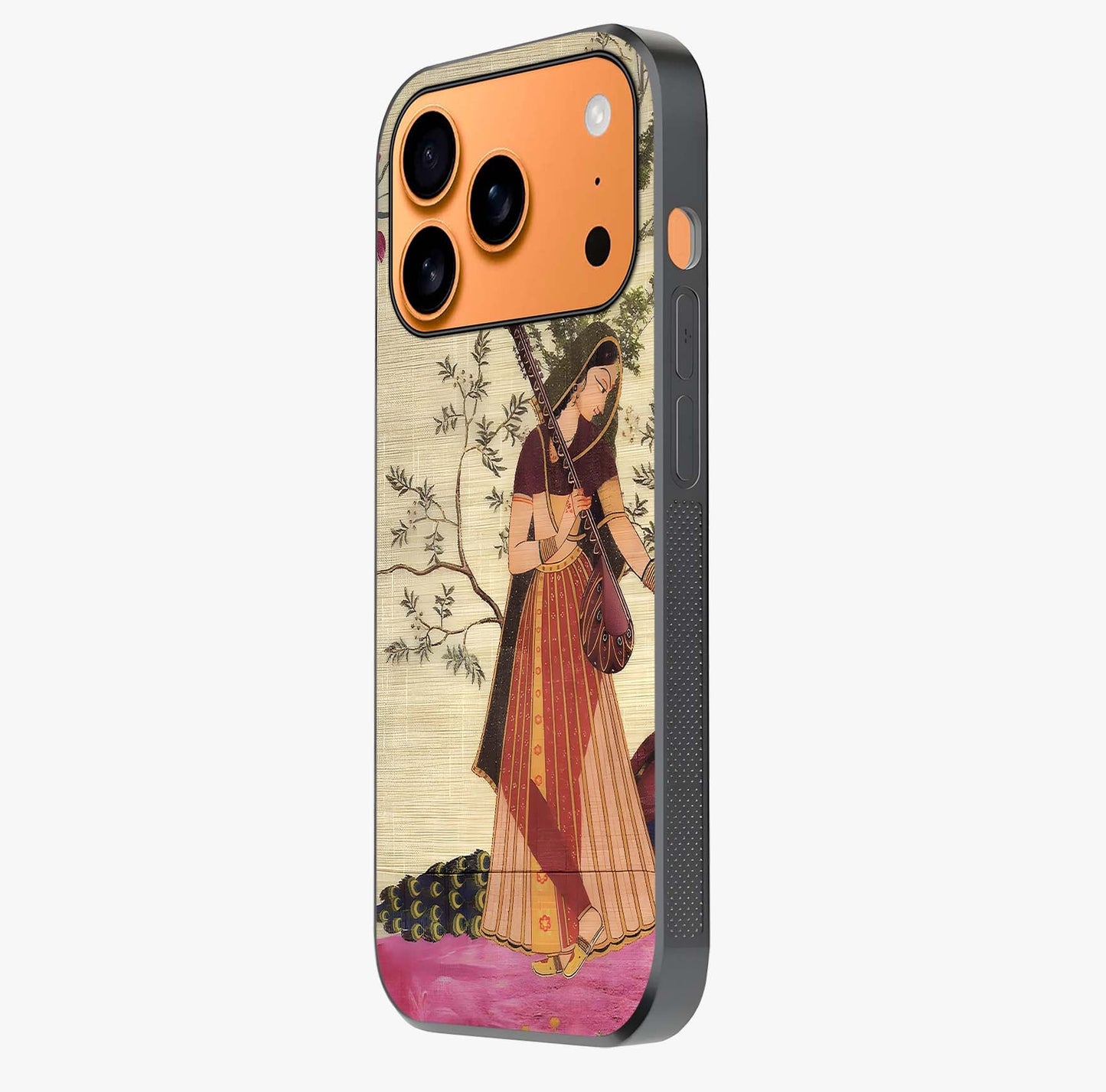 Lady With Veena Art Glass Case photographed in natural light showing reflective finish and design depth.