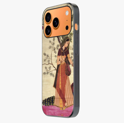 Lady With Veena Art Glass Case photographed in natural light showing reflective finish and design depth.