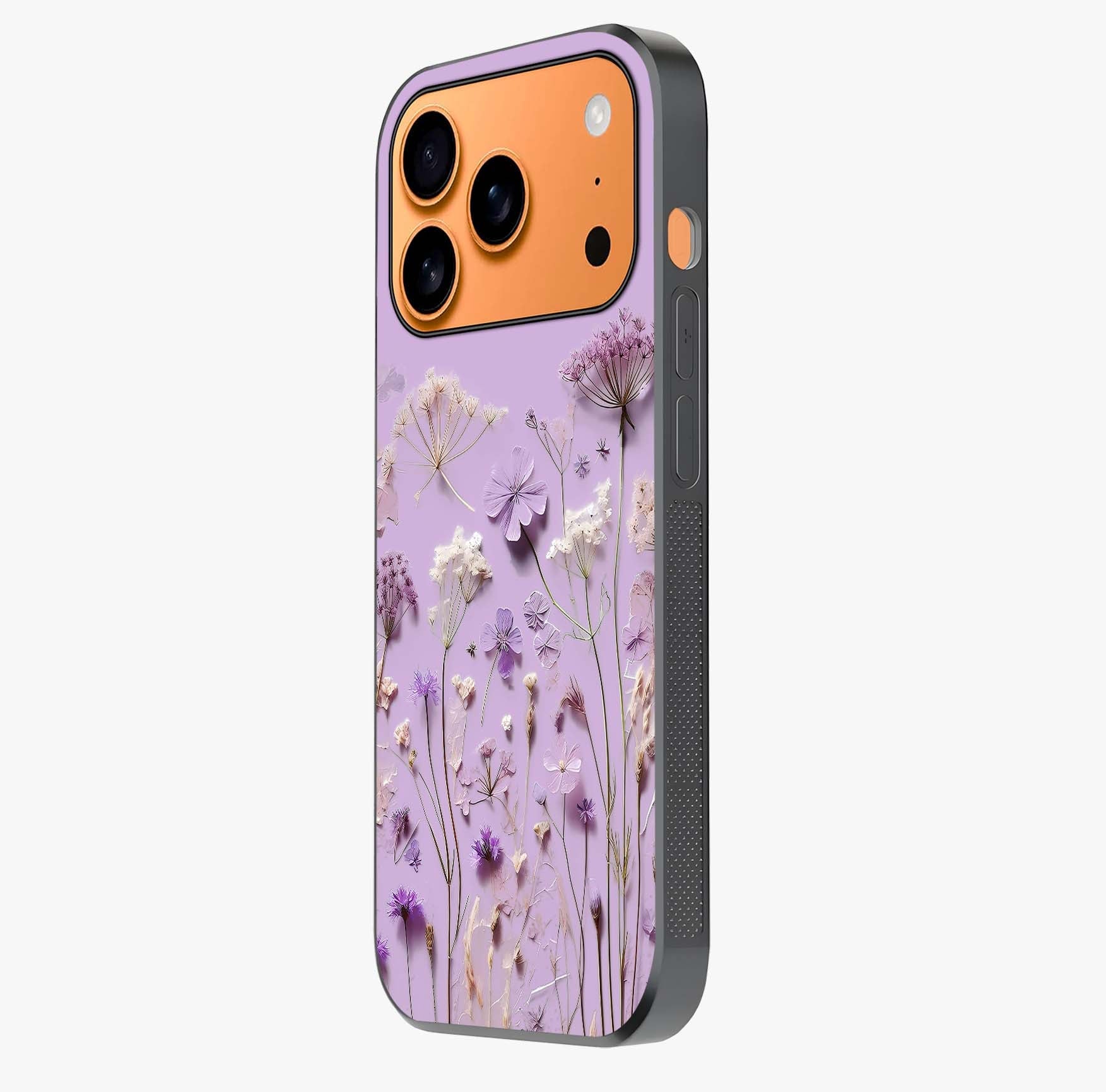 Lavender Blossom Dream Glass Case photographed in natural light showing reflective finish and design depth.