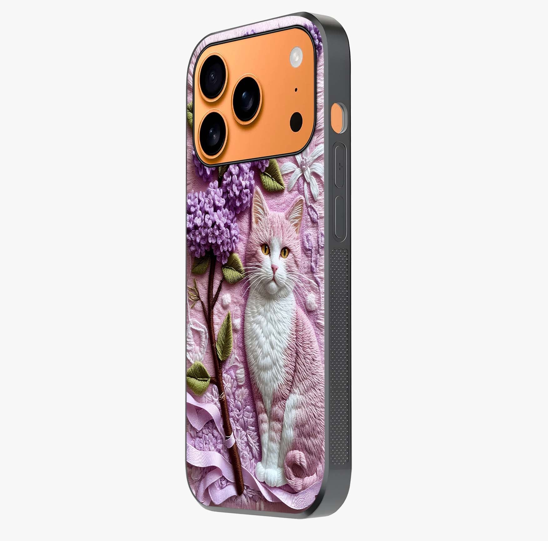 Lavender Cat Whimsy Glass Case photographed in natural light showing reflective finish and design depth.