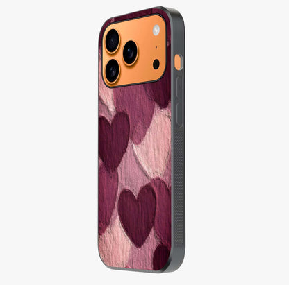 Layered Paper Hearts Glass Case photographed in natural light showing reflective finish and design depth.