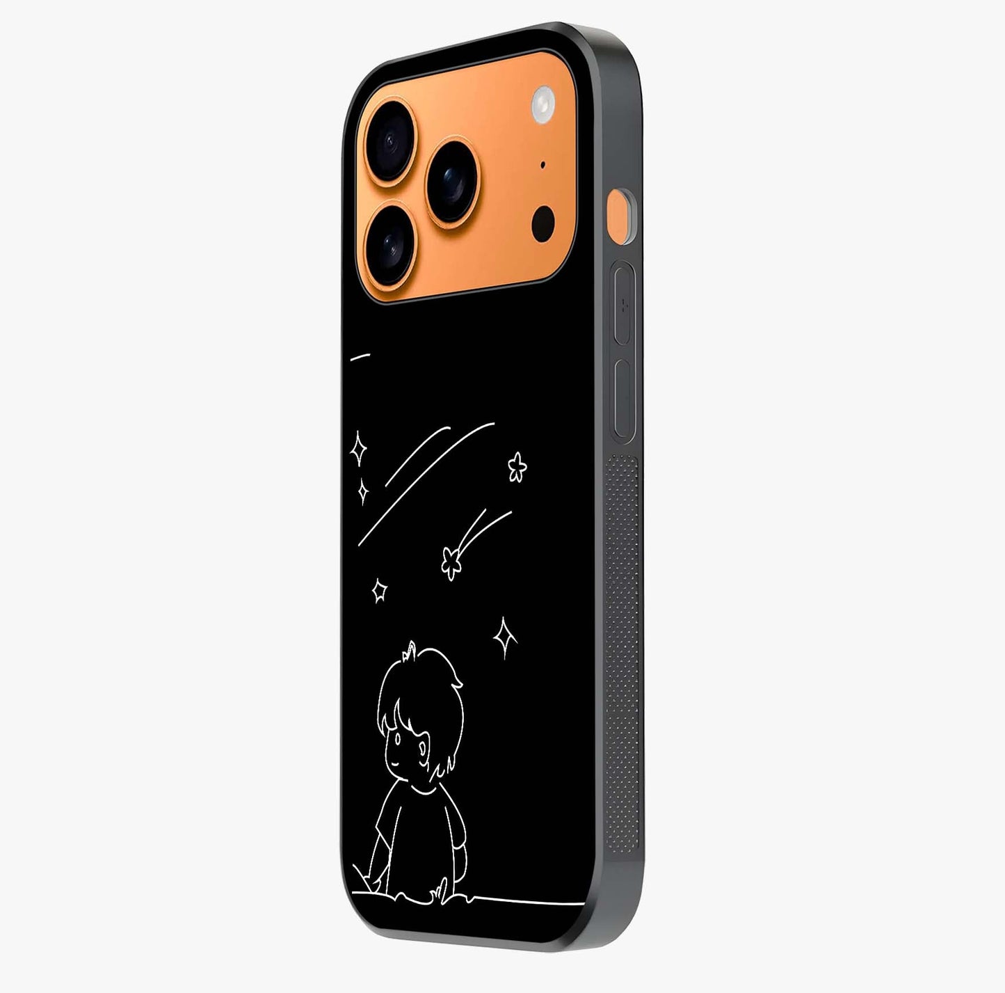 Line Art Boy With Shooting Stars Glass Case photographed in natural light showing reflective finish and design depth.