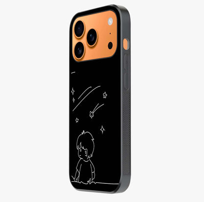 Line Art Boy With Shooting Stars Glass Case photographed in natural light showing reflective finish and design depth.