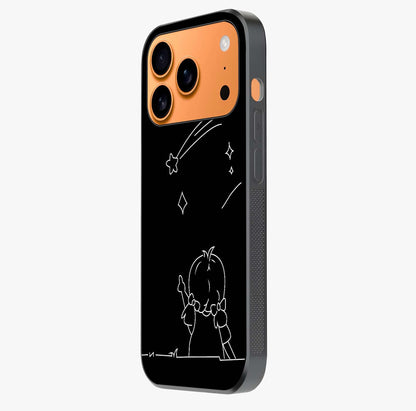 Line Art Girl With Shooting Stars Glass Case photographed in natural light showing reflective finish and design depth.