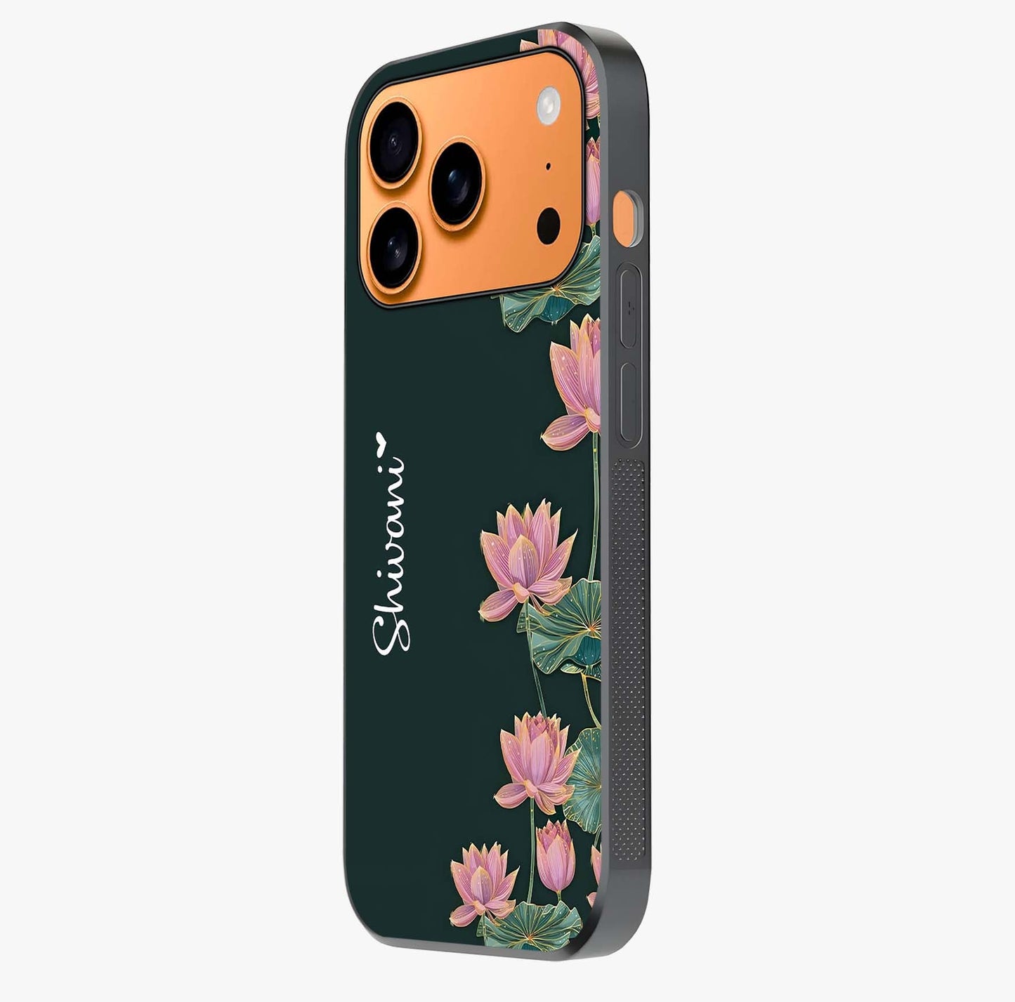 Lotus Bloom Serenity Custom Name Glass Case photographed in natural light showing reflective finish and design depth.