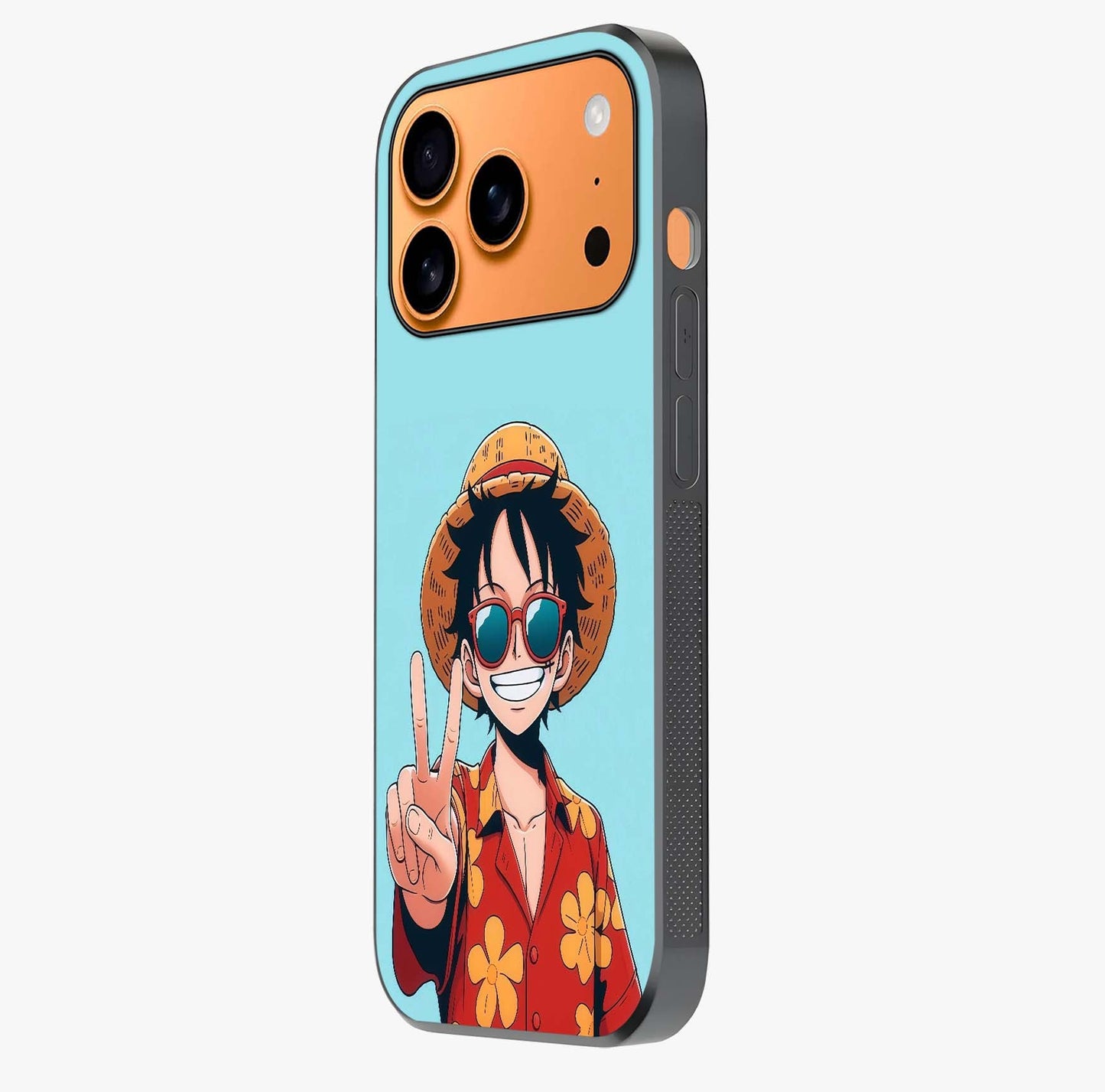 Luffy Summer Anime Vibe Glass Case photographed in natural light showing reflective finish and design depth.