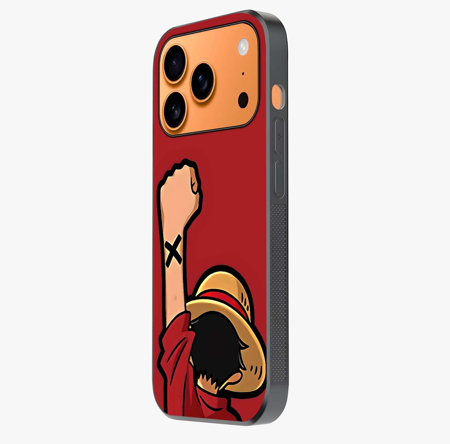 Luffy X Spirit Glass Case photographed in natural light showing reflective finish and design depth.