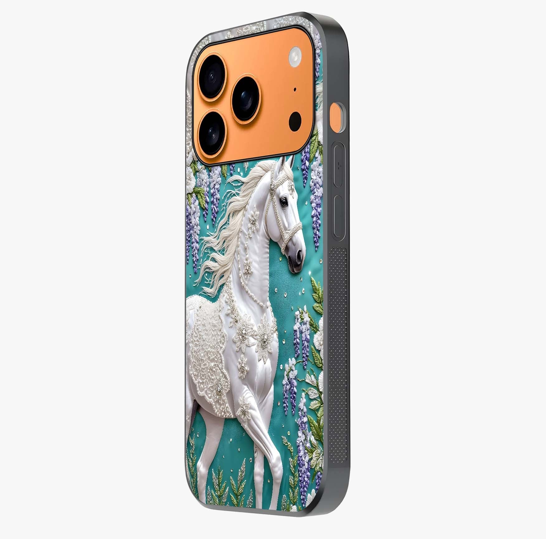 Majestic Floral Stallion Glass Case photographed in natural light showing reflective finish and design depth.